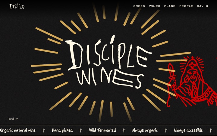 The Disciple Wines homepage: the hand-inked Disciple Wines wordmark inside a gold sunburst on black, with a red line drawing of a haloed saint at the right edge.