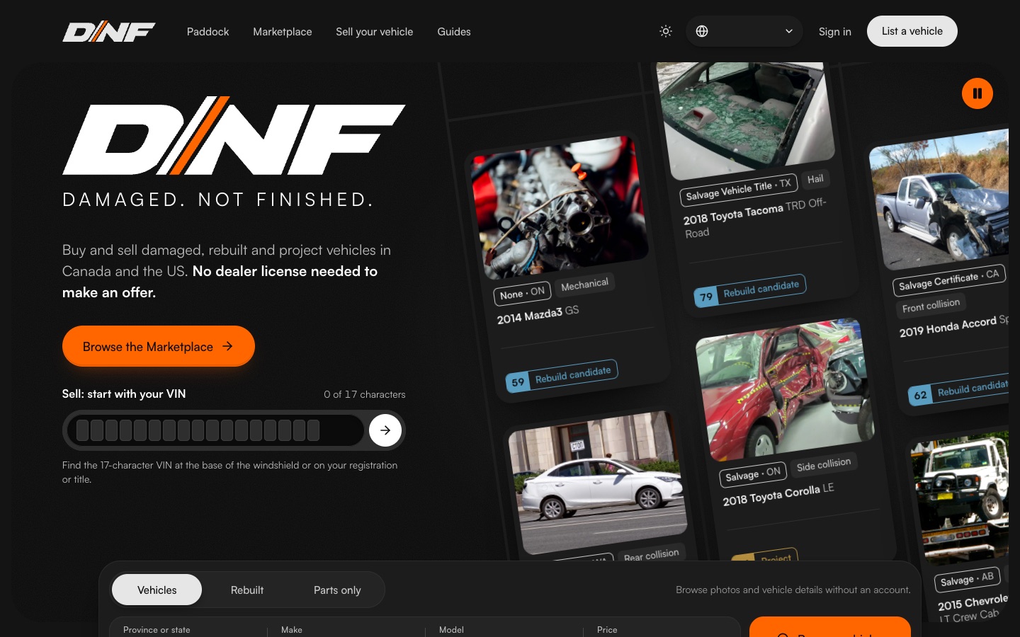 The damagednotfinished.com homepage at desktop width, shown with demo listings: the DNF logo above the line Damaged. Not finished., a Browse the Marketplace button and a box to start selling with a VIN, beside a tilted wall of listing cards, each with its title brand, damage and Score.