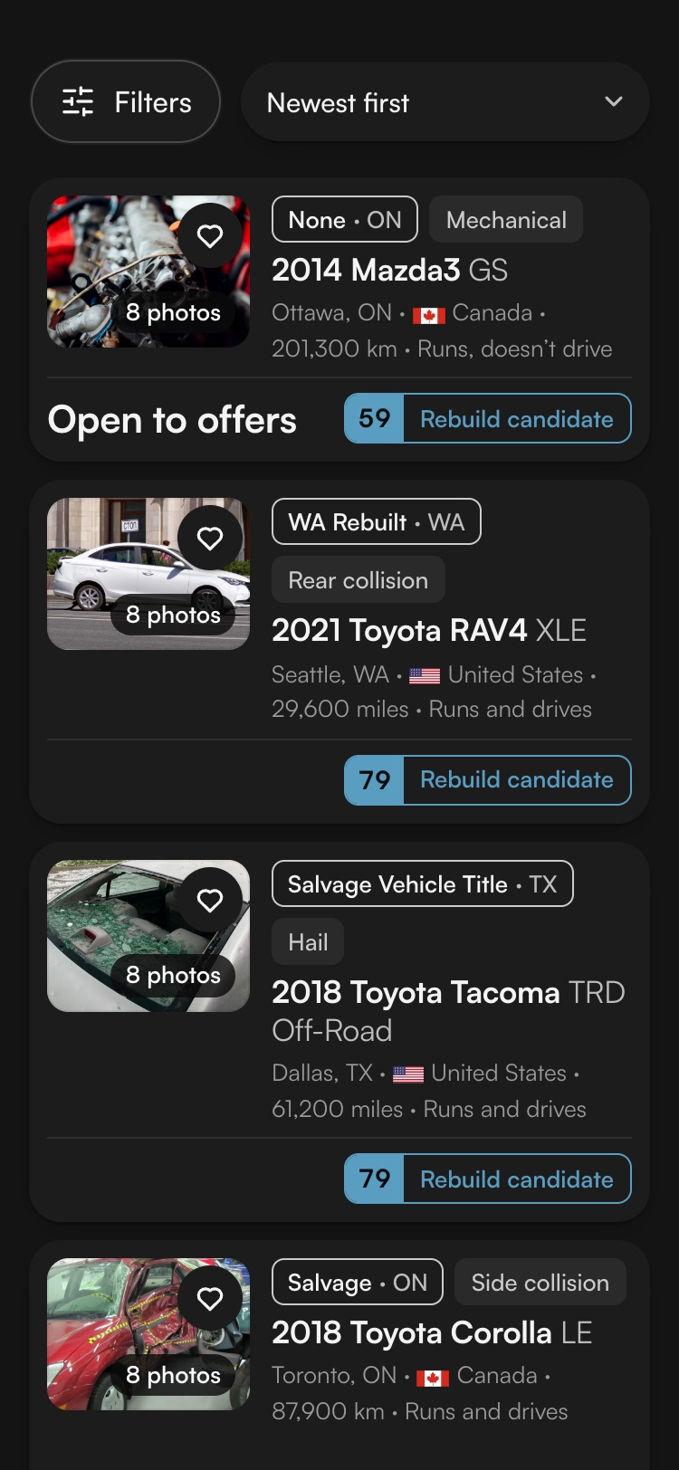 The DNF Marketplace on a phone, with demo listings: filter and sort buttons above listing cards, each with a photo, its title brand and province or state, the damage, the vehicle, where it is, whether it runs, and its Score.