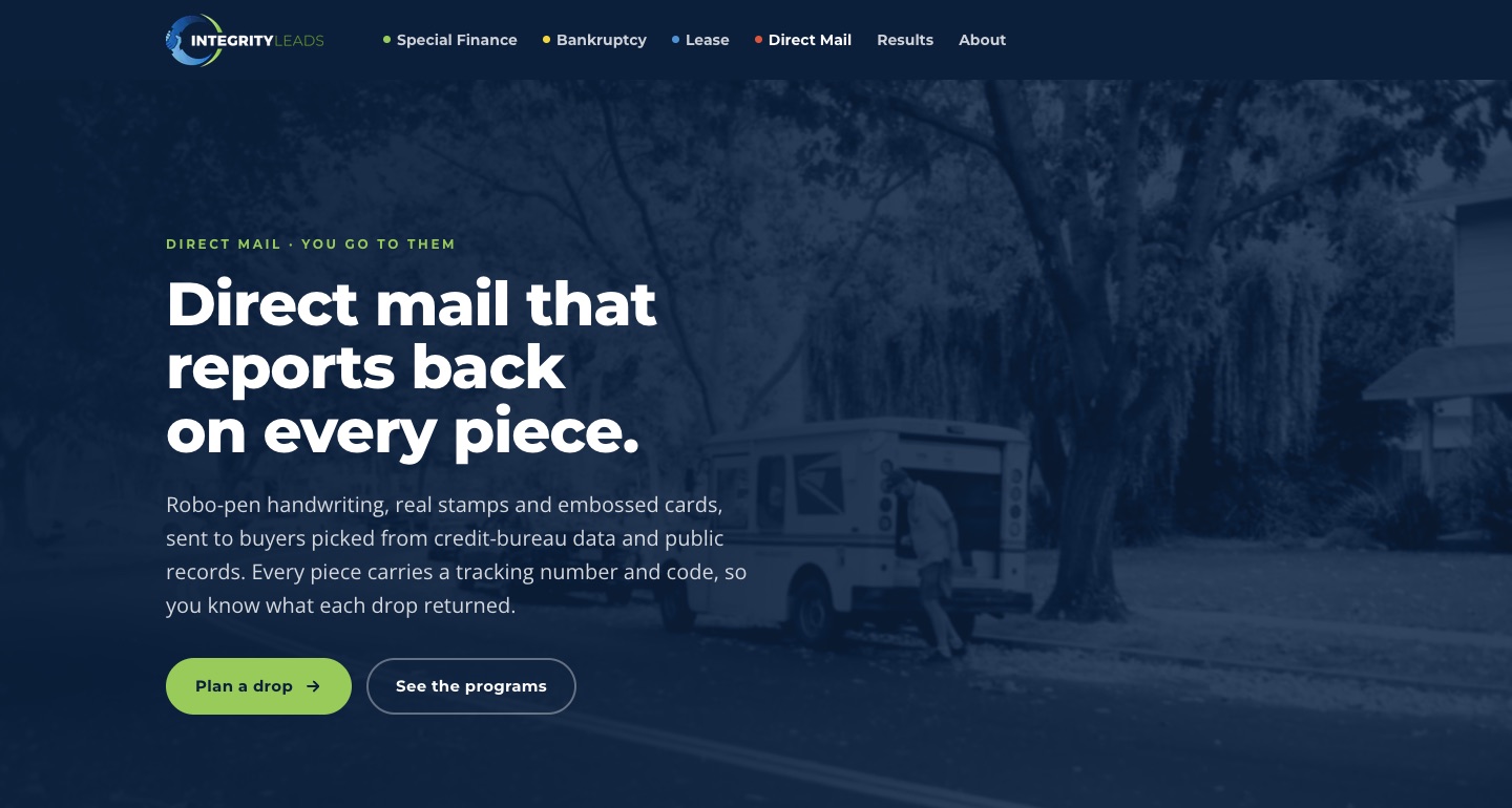 The Direct Mail page on integrityleads.io at desktop width: the headline Direct mail that reports back on every piece, a line about handwritten mail with real stamps, and buttons to plan a drop and see the programs, over a photo of a mail truck on a tree-lined street.