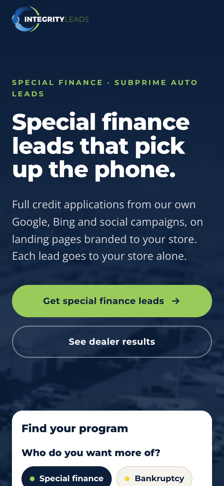 The integrityleads.io homepage on a phone: the headline Special finance leads that pick up the phone stacked above two buttons, and the Find your program panel below.