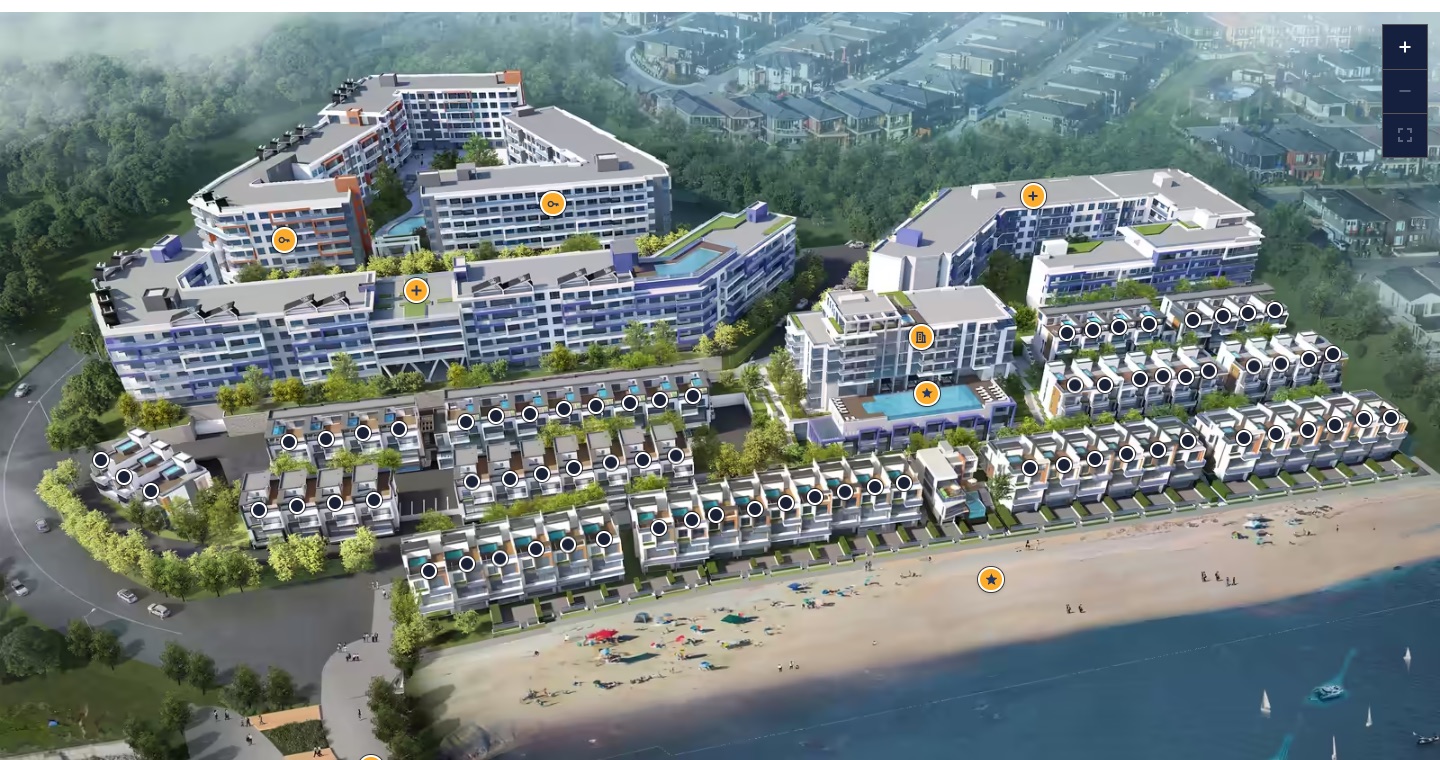 An aerial rendering of Westrich Bay on westrichbay.com: terraced waterfront homes, the tower and the beach on Okanagan Lake, with a dot on every home and map controls in the corner.