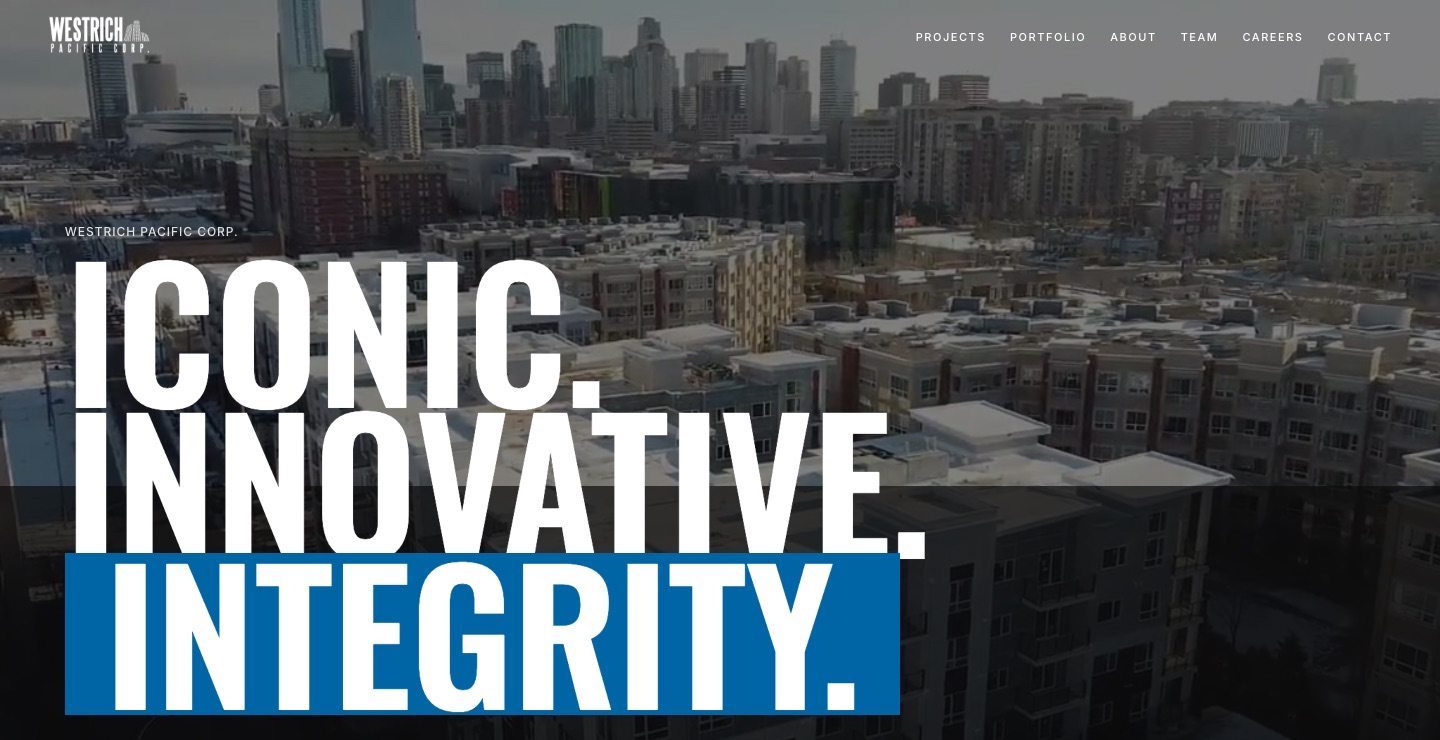 The westrichpacific.com homepage at desktop width: an aerial view over mid-rise apartment buildings toward a downtown skyline, behind the headline Iconic. Innovative. Integrity., with Integrity set on a blue band, and the site's navigation for Projects, Portfolio, About, Team, Careers and Contact.