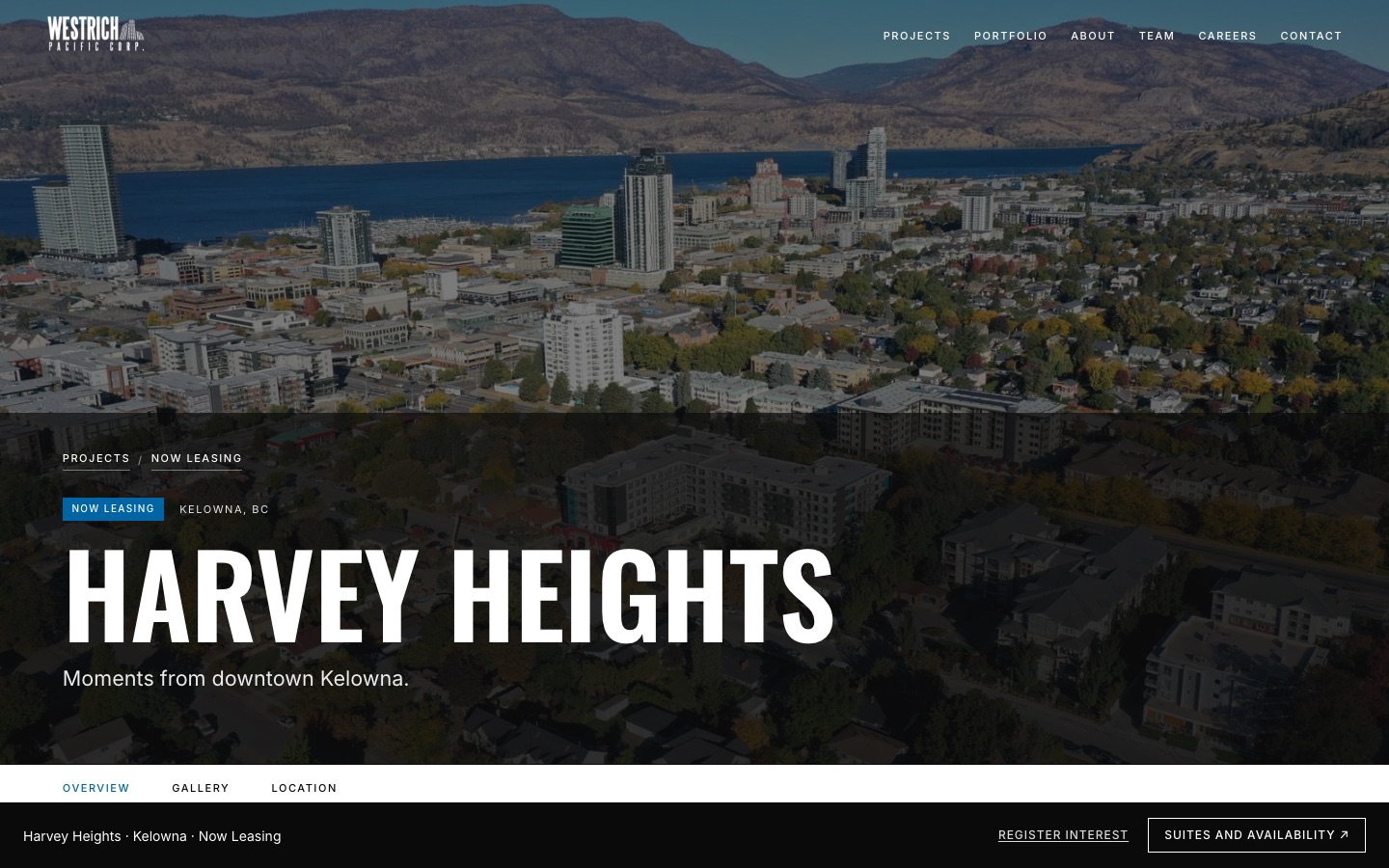 The Harvey Heights page on westrichpacific.com at desktop width: an aerial photo of Kelowna and Okanagan Lake behind the building name, a Now Leasing tag, the city Kelowna BC, and a bottom bar with Register interest and Suites and availability buttons.