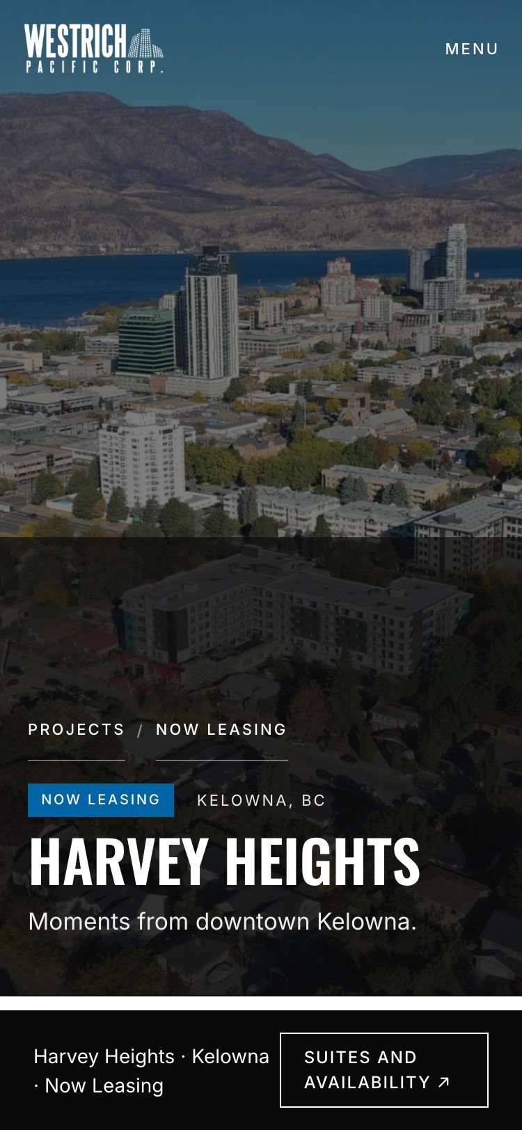The same Harvey Heights page on a phone, with the building name over the aerial photo and a bottom bar holding a Suites and availability button.
